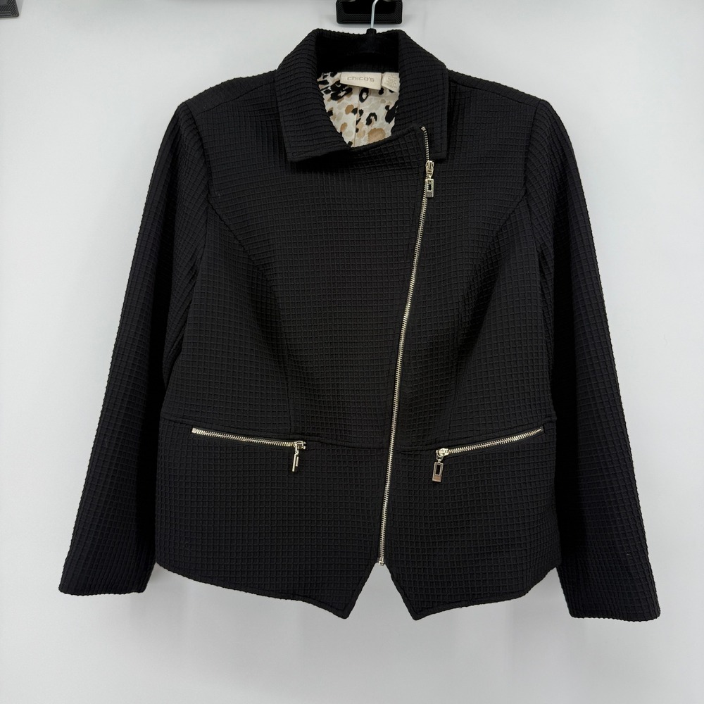Chico's Moto Jacket Womens 1P Black Waffle Knit Asymmetrical Zip Leopard Lining
